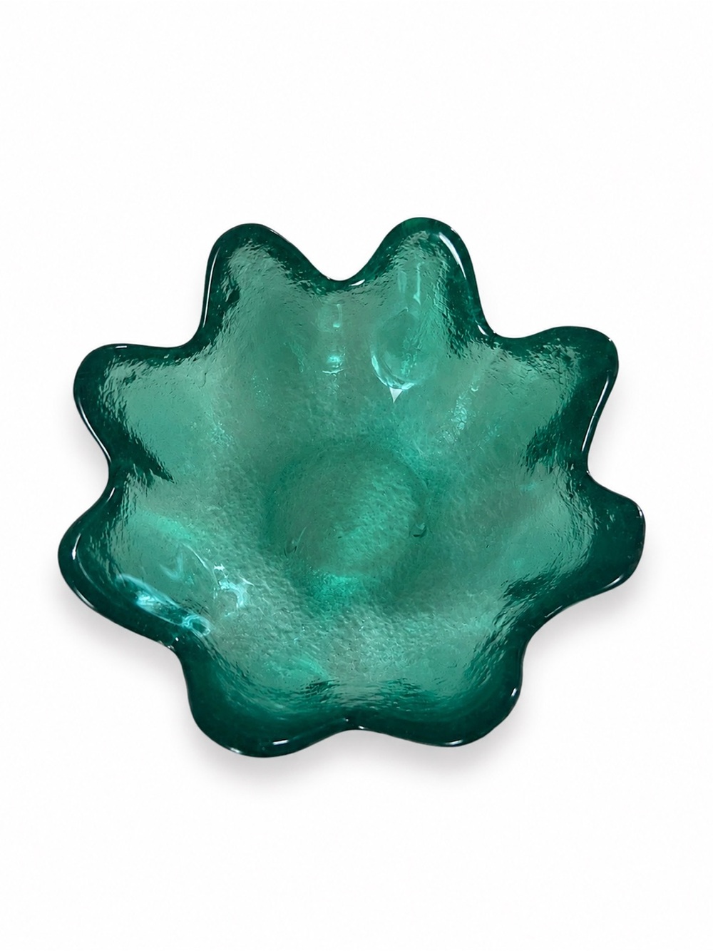 Vintage Blenko Emerald Green Art Glass Bowl Scalloped Lotus  Flower